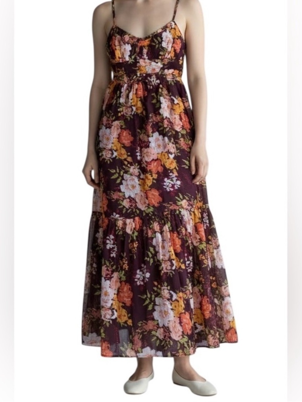 NWOT:Patrons of Peace Maroon Topanga Mixed Floral Print Flowy Maxi Dress•Medium